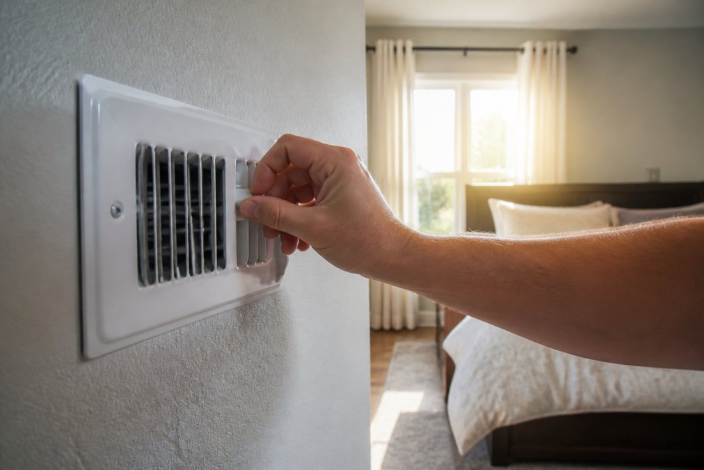 Homeowner's hand adjusting a white wall-mounted air register in a bright bedroom, with sunlight streaming through the window