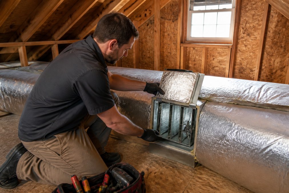 HVAC technician opening an access panel on ductwork in an attic, revealing metal damper controls inside the duct, with natural light from attic window