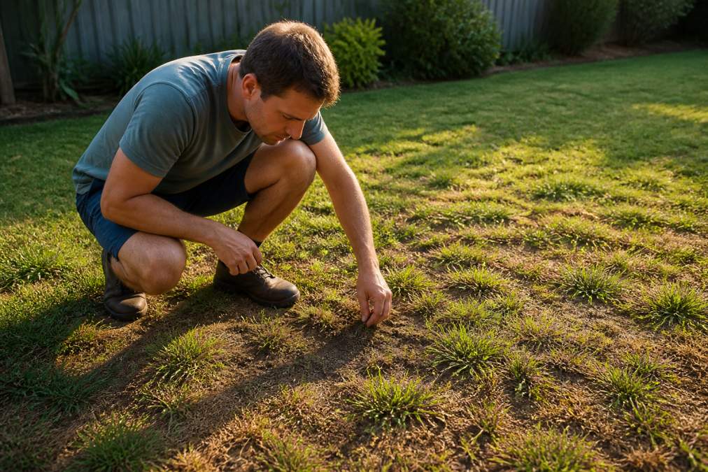 Homeowner crouching beside lawn, closely inspecting bare patches and uneven grass height, examining soil with hands, morning sunlight casting shadows across patchy turf