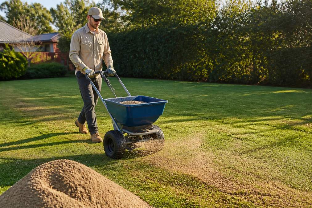 Gardener spreading sandy loam top-dressing mix across lawn using a mechanical spreader, showing even application technique with clear pile of amendment visible, afternoon sunlight