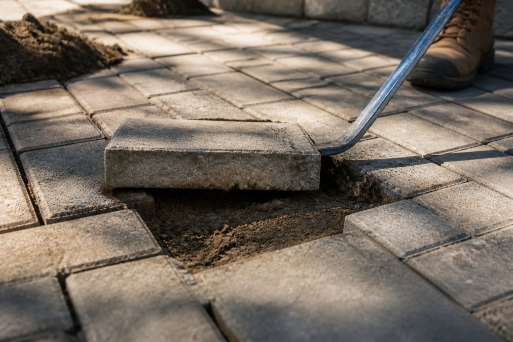 Close-up of a prying tool lifting a sunken paver from a patio, showing the gap between the stone and surrounding pavers with visible soil and sand underneath, afternoon sunlight casting shadows across the work area
