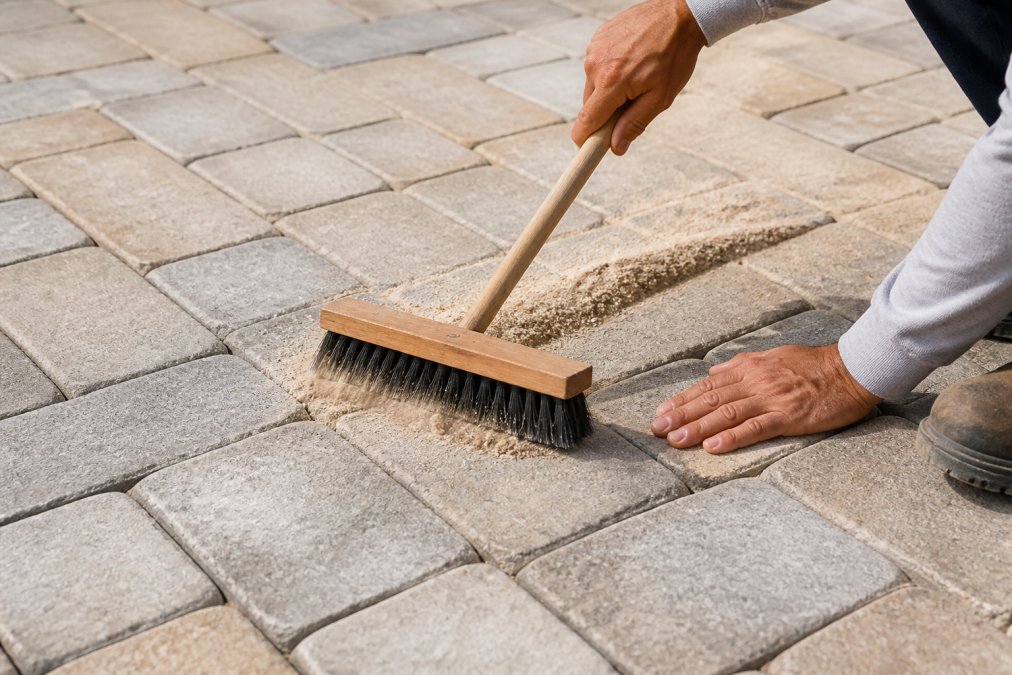 Hands spreading polymeric sand between patio pavers with a broom in bright daylight, showing proper joint filling technique with visible sand being worked into the gaps between light-colored stones