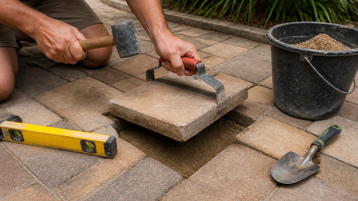 Close-up of a homeowner's hands using a paver puller and rubber mallet to lift and reset a paving slab on a garden patio, with a spirit level and bucket of bedding sand nearby