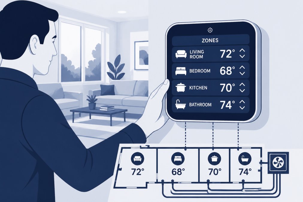 Homeowner holding a modern smart thermostat with digital display on a wall in a bright living room, showing multiple temperature zone settings on the screen, natural light from windows visible in background