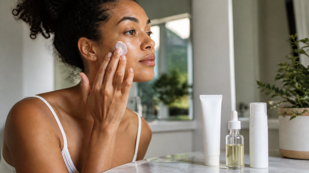 Woman applying moisturizer to her face to help improve uneven skin texture with skincare products nearby