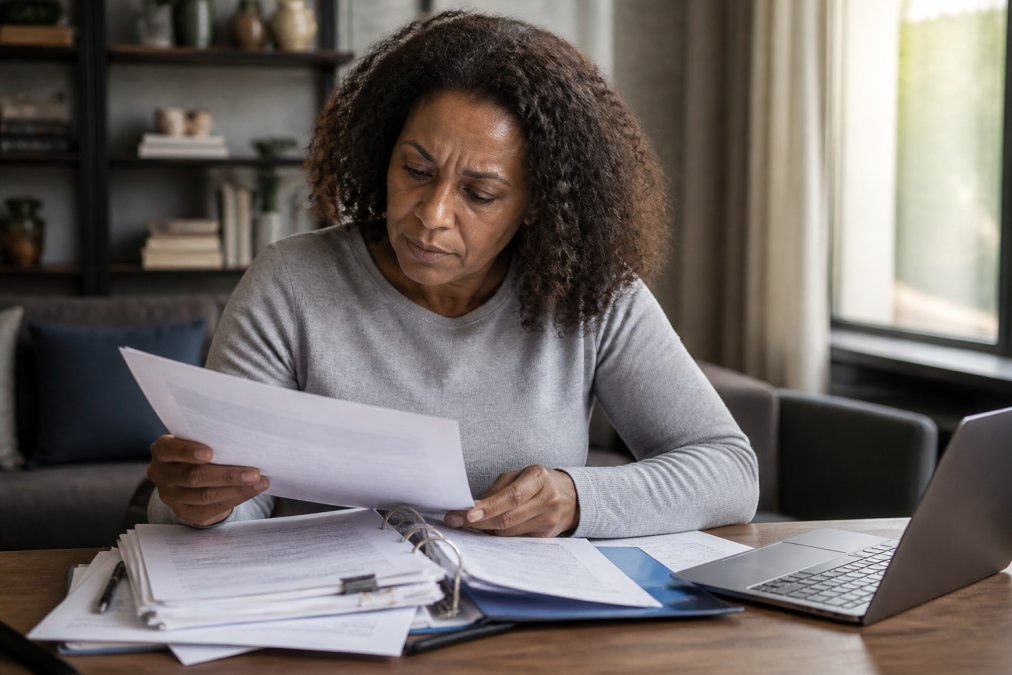 Person sitting at a tidy desk reviewing paperwork for unfiled tax returns on a laptop