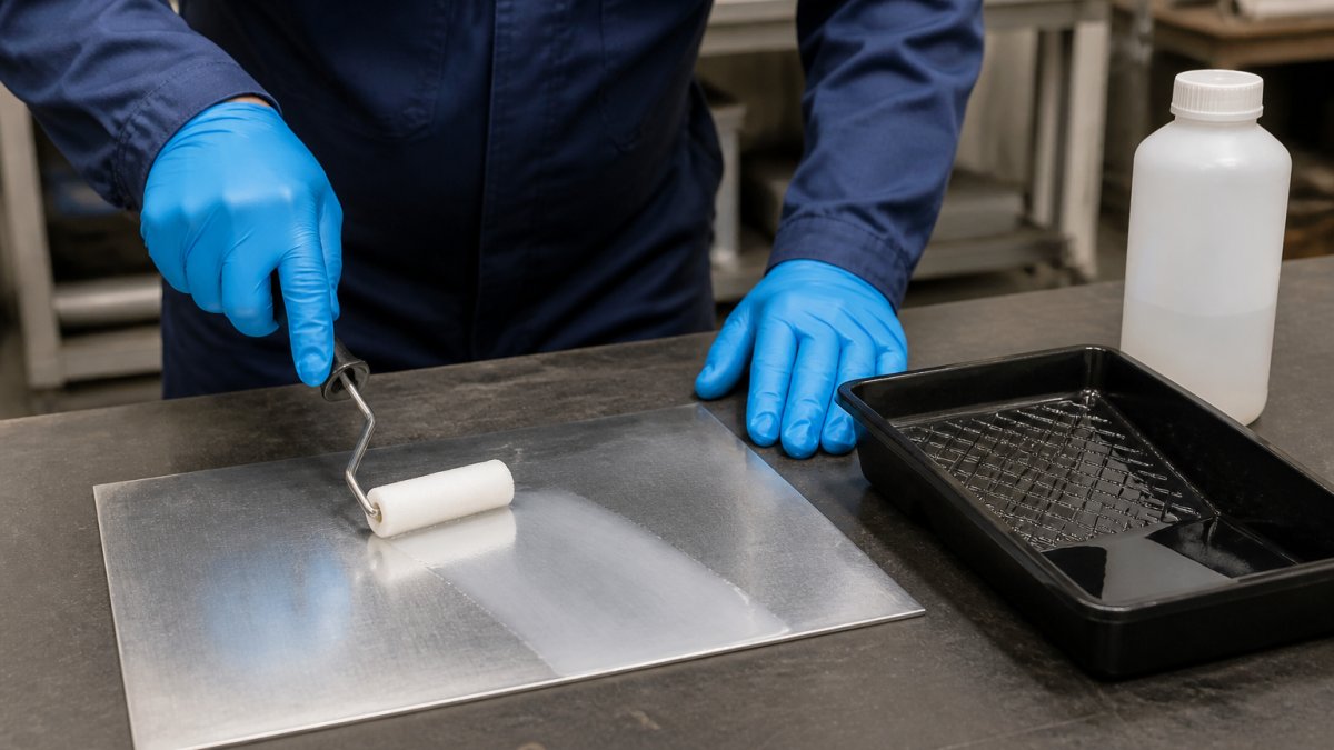 Professional technician applying primer to a metal substrate using a precision roller, ensuring even coverage under workshop lighting