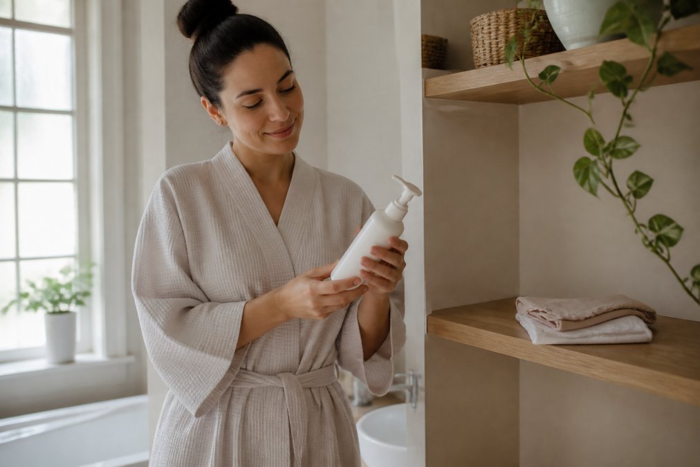 Woman in a bathroom holding a bottle of gentle cleanser, with folded cotton underwear on a shelf nearby, natural lighting through a window