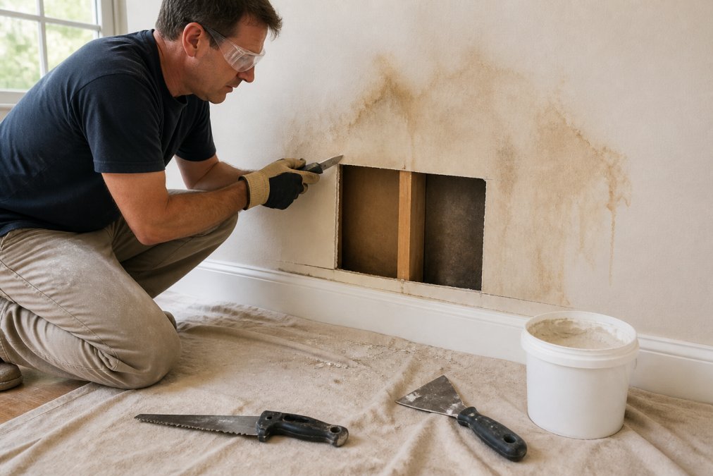 Homeowner using a utility knife to remove a section of water damaged drywall in a well-lit room.