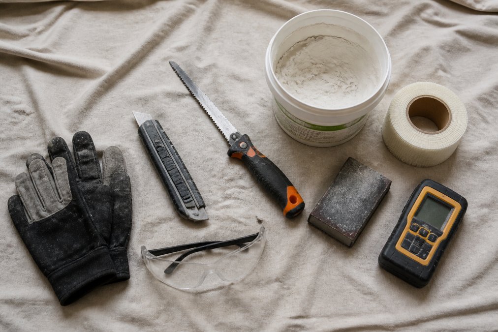A flat lay of drywall repair tools on a drop cloth: utility knife, drywall saw, joint compound tub, drywall tape, sanding block, and moisture meter, with work gloves and safety goggles nearby