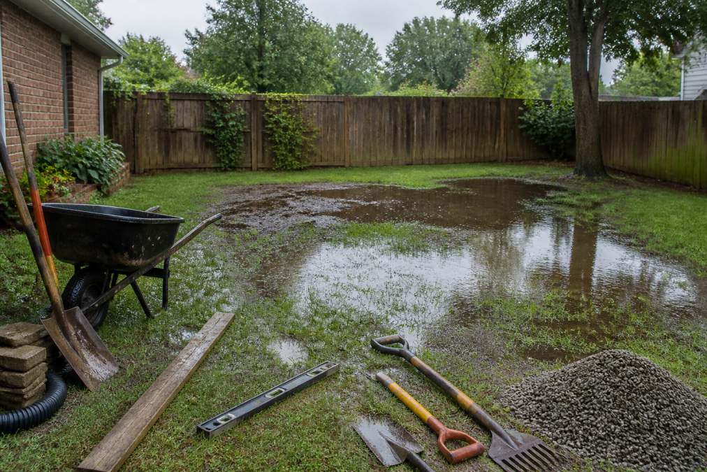 A suburban backyard after heavy rain showing standing water pooled on saturated grass with muddy low spots near a weathered wooden fence, overcast sky and wet soil visible throughout the yard