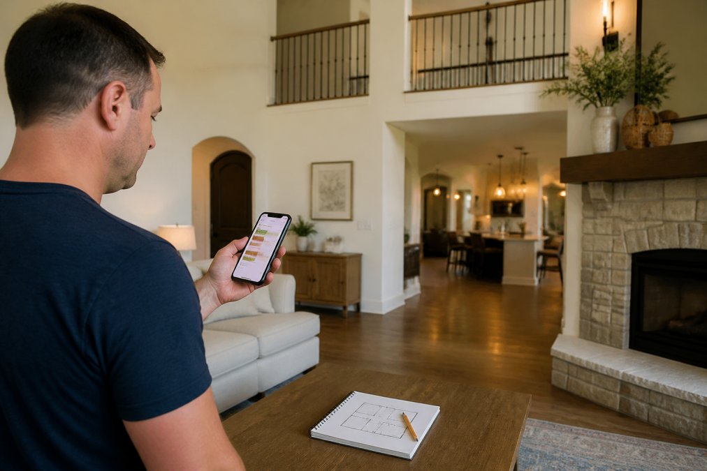 Homeowner using a smartphone app and floor plan to identify wifi dead zones in a two-story living room
