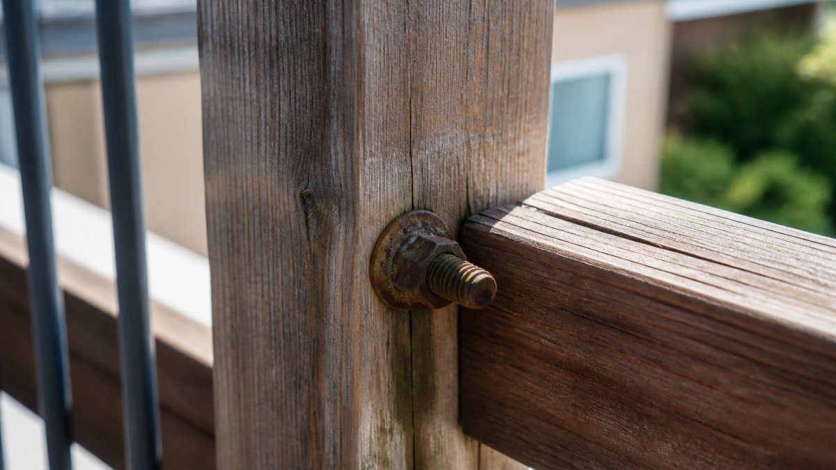 Close-up of a loose carriage bolt on wooden deck railing with visible rust and corrosion on the fastener and surrounding wood grain