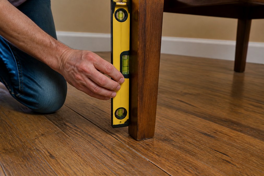 Close-up of someone using a spirit level on a table leg to check for uneven surfaces, with an uneven floor visible in the background