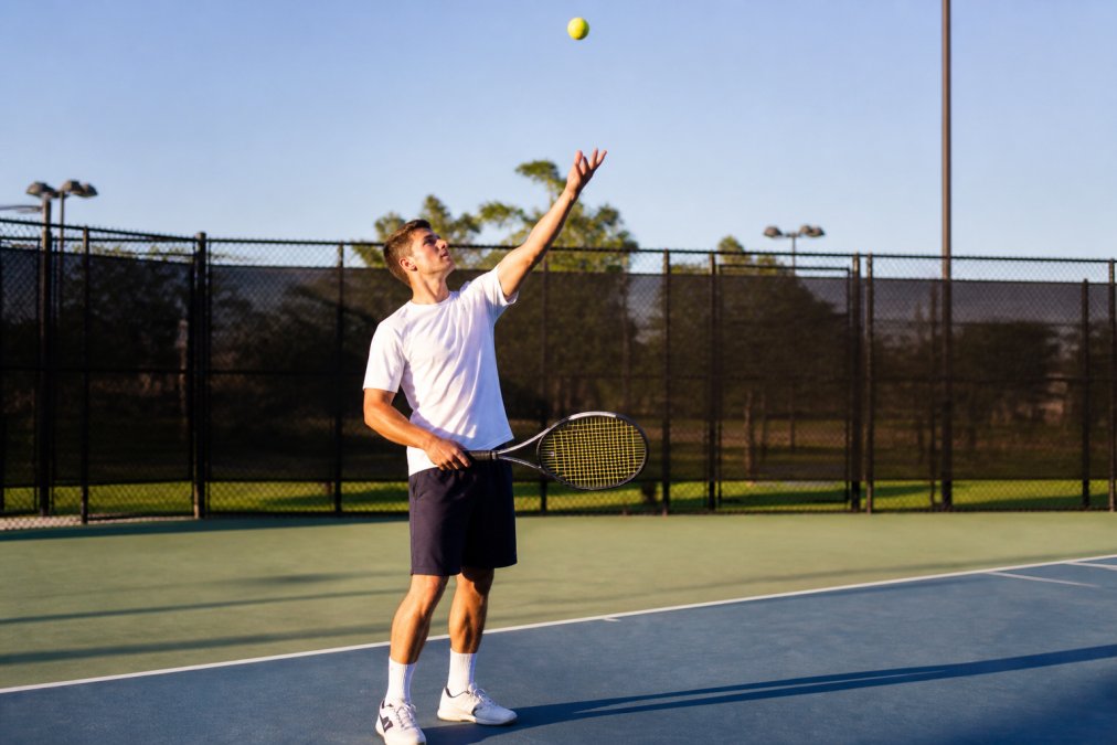 A tennis player practicing ball toss drills alone on a court, tossing the ball upward with left arm extended, racket held at waist level, focused expression on an outdoor hard court in afternoon sunlight
