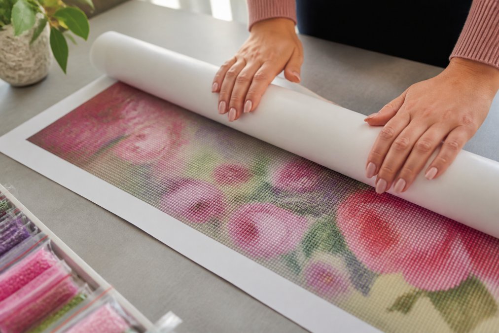 Close-up of hands carefully unrolling a diamond painting canvas on a flat work surface, showing the reverse roll technique with gentle pressure applied to smooth the surface