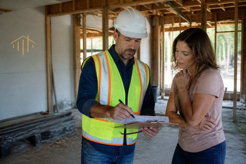 Professional contractor in safety vest reviewing renovation plans on clipboard with homeowner at property site, both examining structural elements and taking detailed notes