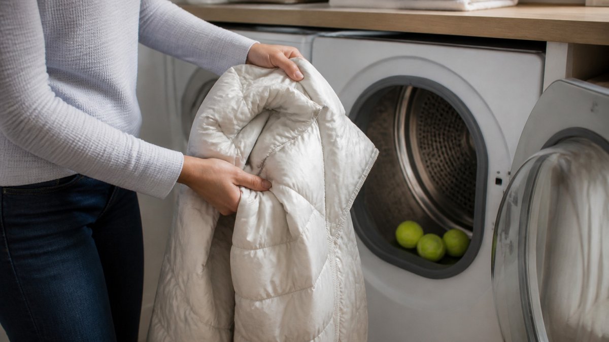 Hands gently fluff a down jacket next to a home dryer with clean tennis balls on the drum floor.