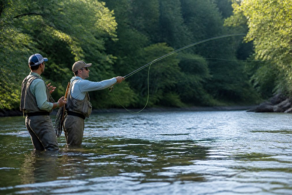 A beginner angler practicing a fly cast on a calm river, with a guide standing nearby offering pointers, morning light on the water