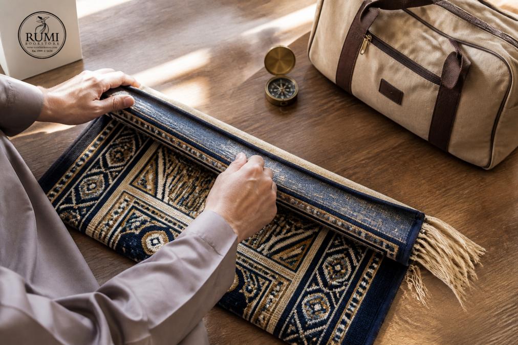 Step-by-step diagram showing how to fold a prayer mat for travel, starting with the first fold on a wooden surface.