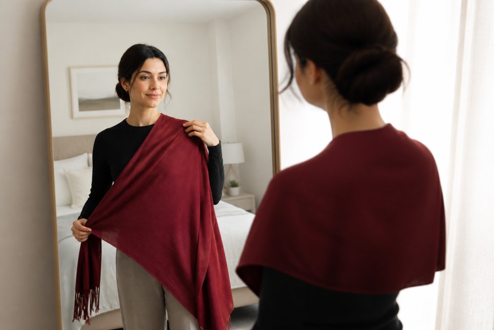 A woman standing in front of a mirror in a bright bedroom, carefully folding a deep red pashmina shawl diagonally across her body, showing the fabric draped elegantly over one shoulder