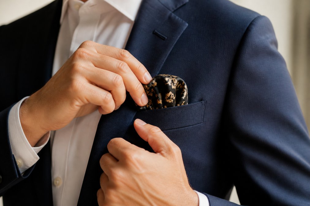 Close-up of a man's hands shaping a black and gold silk pocket square into a puff fold, about to tuck it into the breast pocket of a navy suit jacket, soft natural light