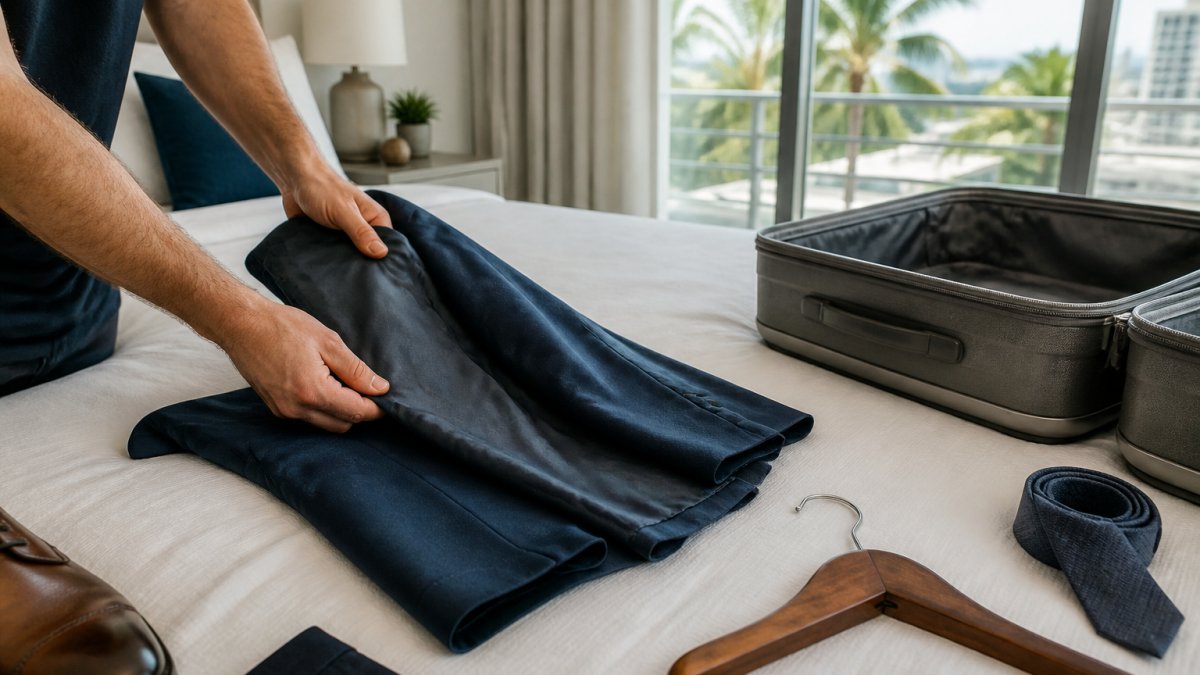Hands folding a navy suit jacket inside out on a bed, open suitcase nearby, bright Miami apartment bedroom with palm trees visible through the window