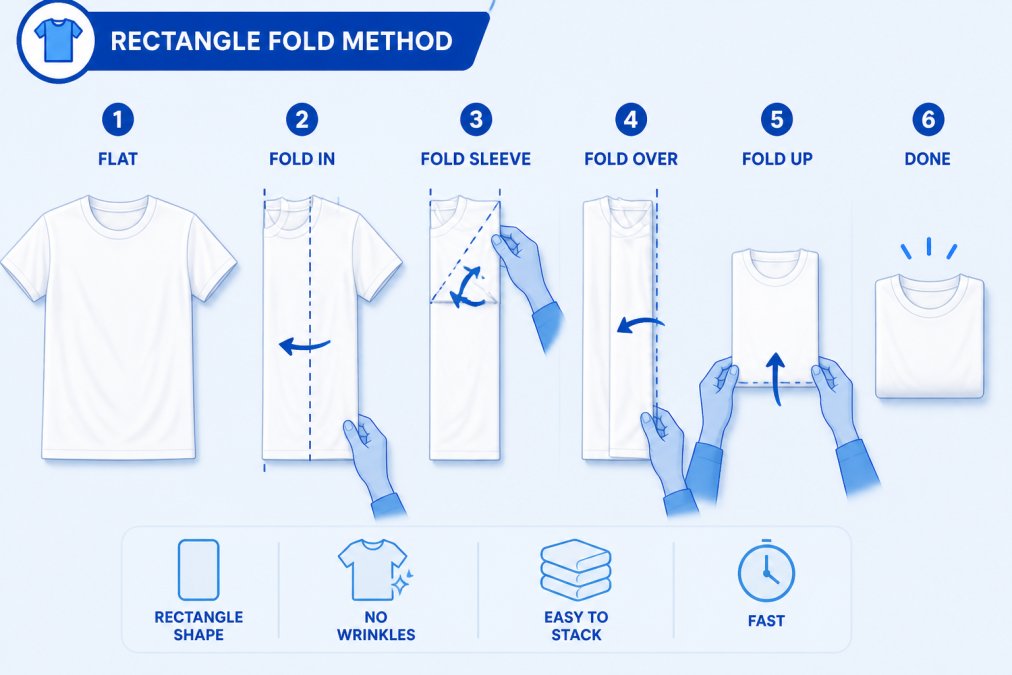 Hands demonstrating the rectangle fold method on a white t-shirt laid flat on a clean white surface, showing sleeve alignment and the folding motion with smooth, deliberate hand placement
