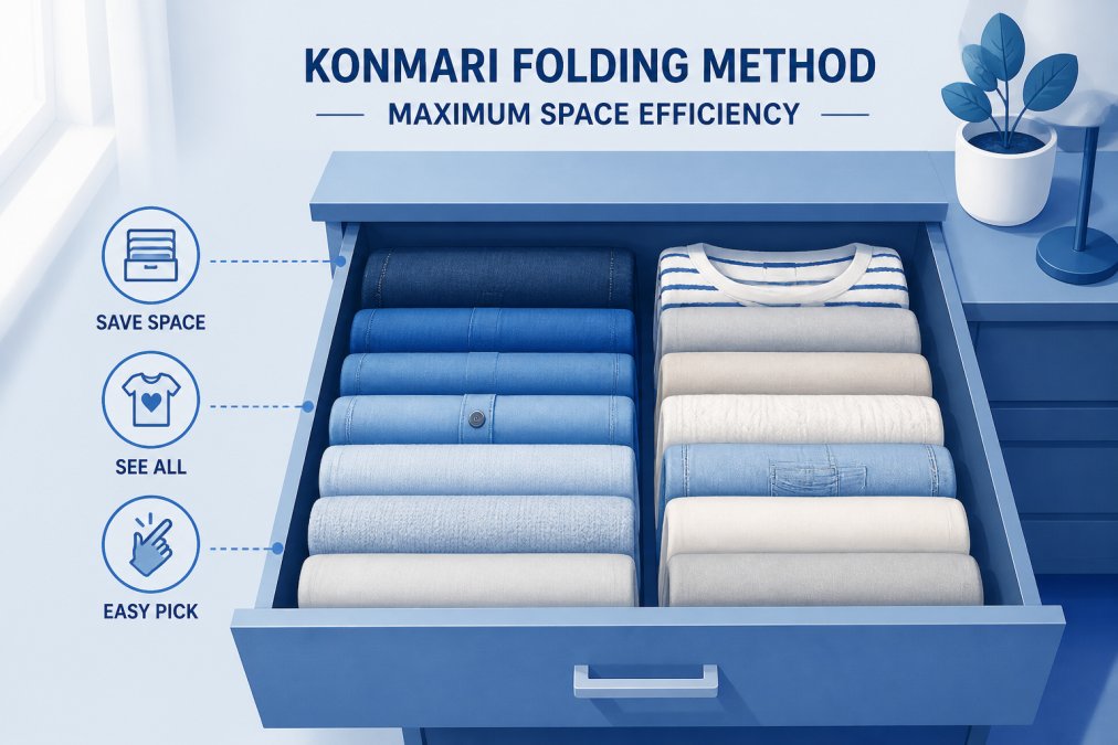 Open bedroom drawer showing neatly folded clothes stored vertically in file-like rows, with visible garment edges for easy selection, demonstrating the KonMari storage method with natural morning light
