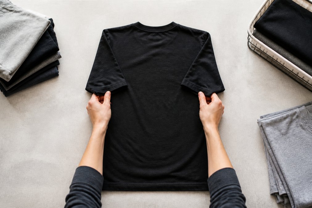 Overhead shot of hands folding a graphic t-shirt on a clean flat surface, printed design facing down, sleeves being folded toward the center with soft natural light