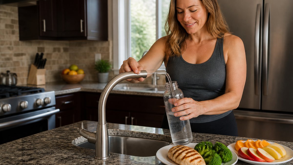 Person filling a water bottle next to a healthy meal for the three phase ketosis plan