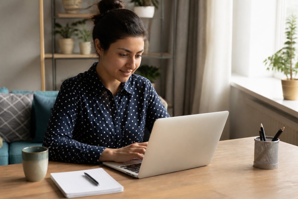 Young professional writing a follow up after a job interview on a laptop at a tidy home desk with natural light.