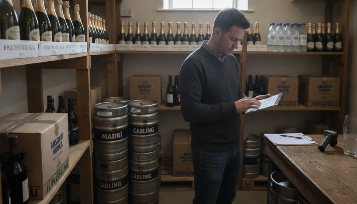 Pub manager reviewing stock levels on a tablet computer, with shelves of bottles and kegs visible in the background of a well-organised bar storage area