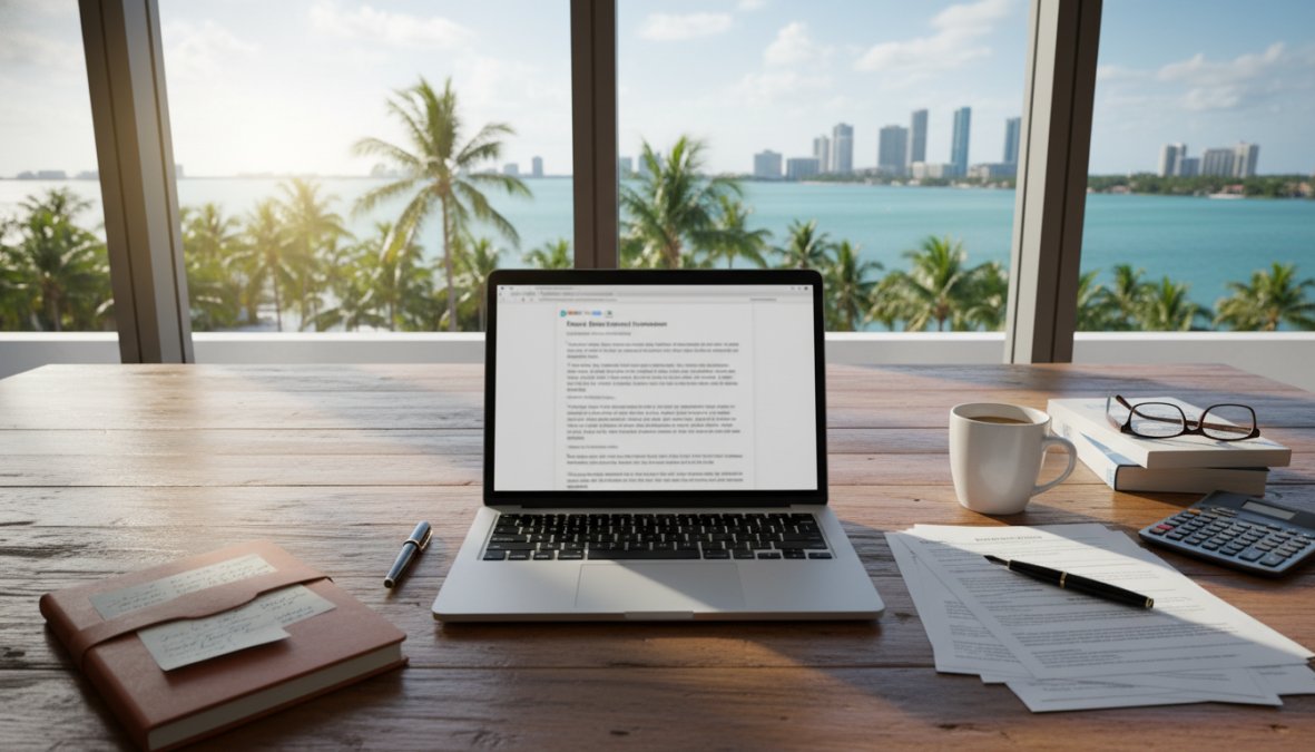 A South Florida entrepreneur sitting at a clean office desk reviewing business formation documents, laptop open to the Florida Division of Corporations website, a cup of coffee nearby, warm sunlight streaming through a window behind them