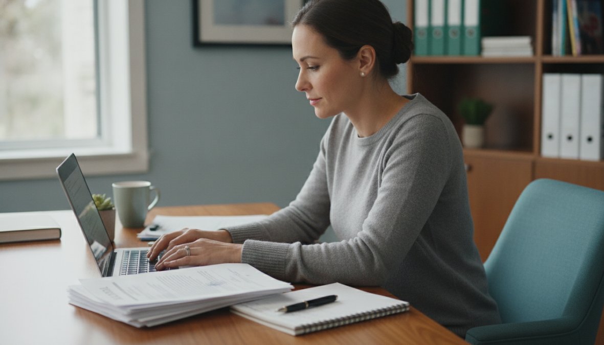 A business professional in a light-filled office sitting at a desk reviewing official government documents, with a laptop open to a state filing portal, a notepad, and a pen arranged neatly nearby