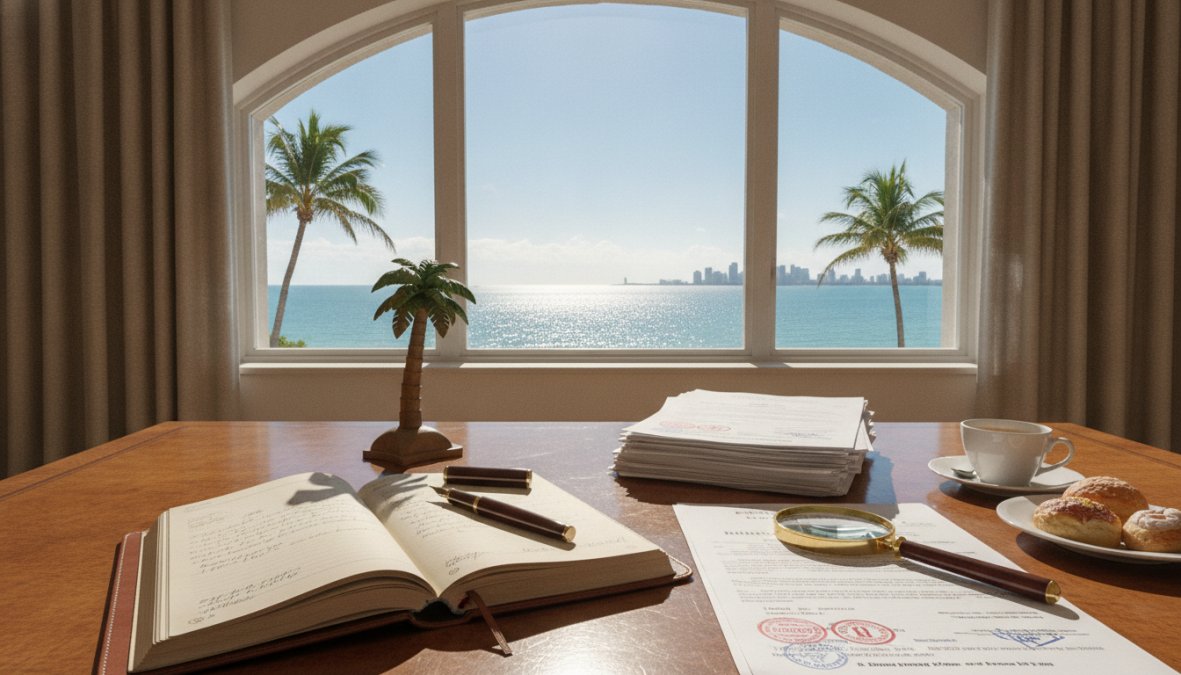 A [small business](/miami-dade-small-business-litigation/) owner in a bright South Florida office reviewing a printed compliance checklist on a clipboard, with a laptop open on the desk and sunlight coming through the window behind them