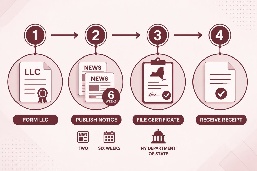 Flowchart showing the publication requirement process: 1. Form LLC, 2. Publish notice in two newspapers for six weeks, 3. File Certificate of Publication with NY Department of State, 4. Receive filing receipt