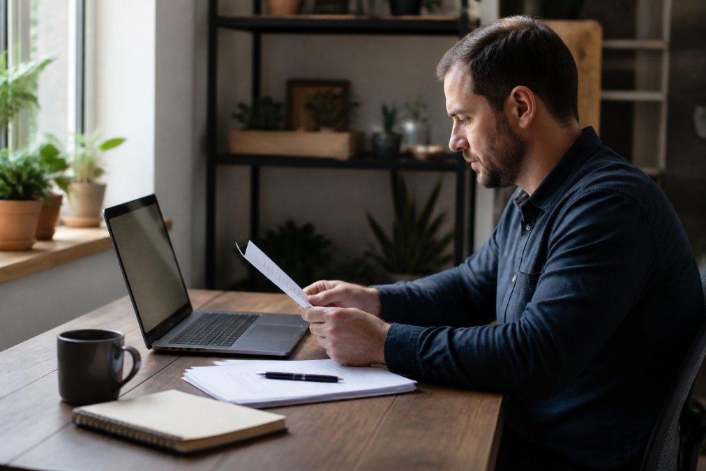 A person reviewing LLC formation documents on a laptop at a home office desk, with a coffee mug and notepad nearby, natural window light