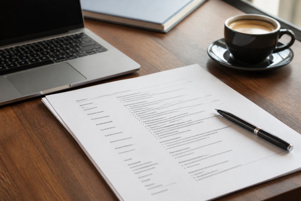 Neatly organized academic cv document on a desk with a laptop, coffee, and pen
