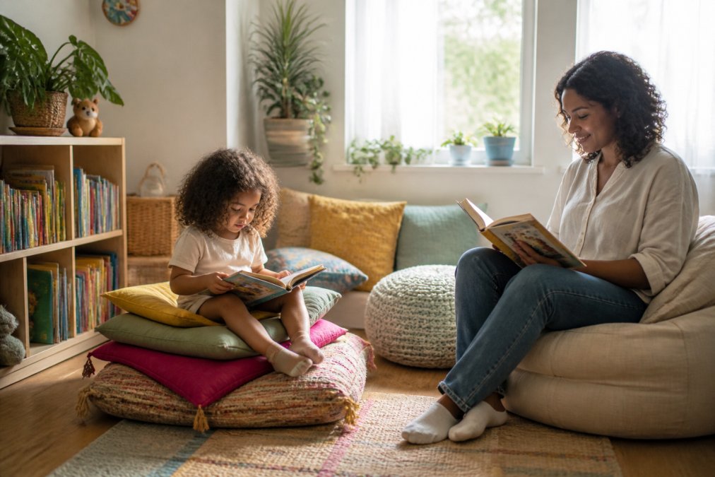 A cozy, brightly lit reading nook in a family living room corner, with a child sitting on a pile of colorful cushions, engrossed in a picture book, while a parent sits nearby reading their own book; the space is inviting, with a small bookshelf and soft natural light from a window