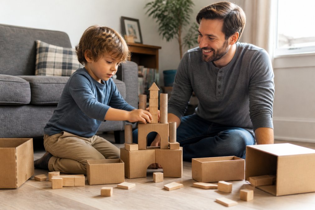 A young child sitting on a living room floor building a castle from cardboard boxes and wooden blocks, with a parent nearby smiling and watching, warm natural light through a window