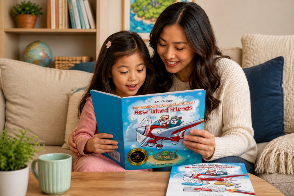 Parent and child sitting together on a cozy couch reading a colorful picture book, child's face illuminated with wonder and engagement as they explore the story together