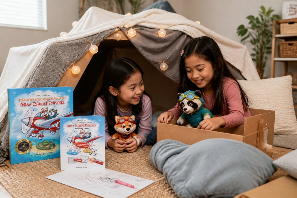 Young children playing with blankets, pillows, and cardboard boxes indoors, constructing an imaginative fort or play space with focused concentration and joy