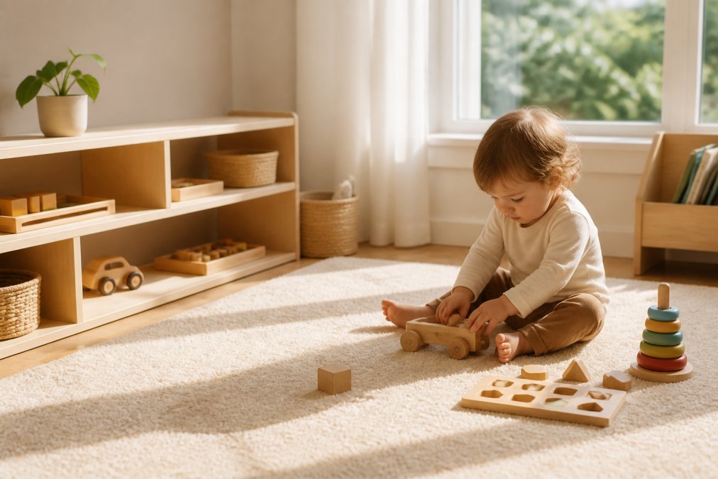 A toddler sitting on a soft cream-coloured rug in a bright corner, surrounded by low wooden shelves holding a few carefully selected toys, wooden blocks, a simple puzzle, a stacking toy. Sunlight streams through a nearby window. The child is focused on manipulating a wooden toy, and the space feels calm and organised, with plenty of empty floor space for movement.