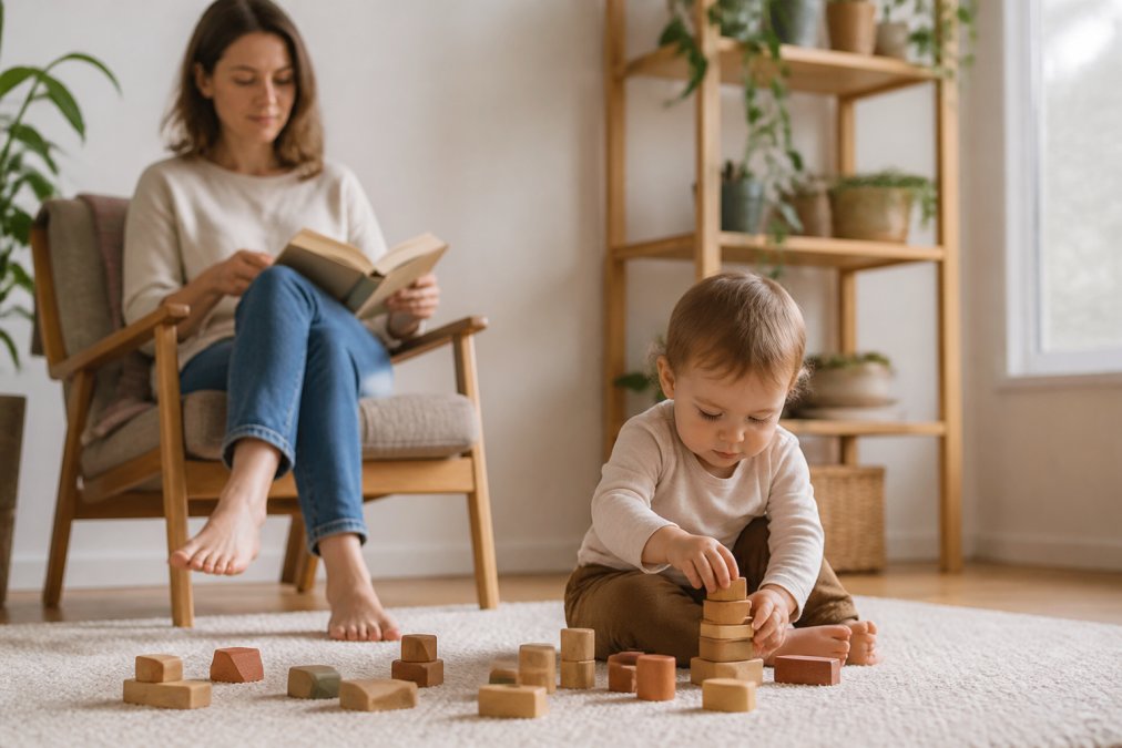 A parent sitting on a nearby chair with a book, maintaining calm, observant posture while their toddler sits on the floor focused on wooden stacking blocks. The parent is not intervening or hovering, but clearly present and aware. Soft natural light fills the room, and the child appears deeply engaged in their own activity.