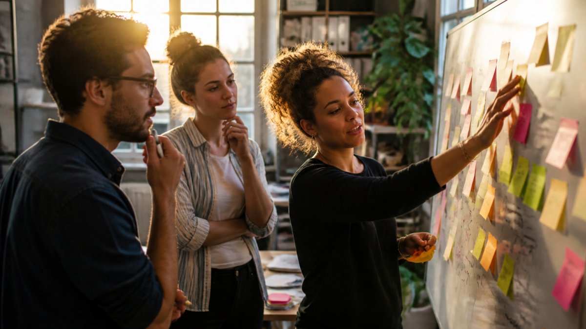 A small startup team of three or four people gathered around a whiteboard in a bright, cluttered coworking space, sticky notes and markers in hand, mid-discussion about product direction