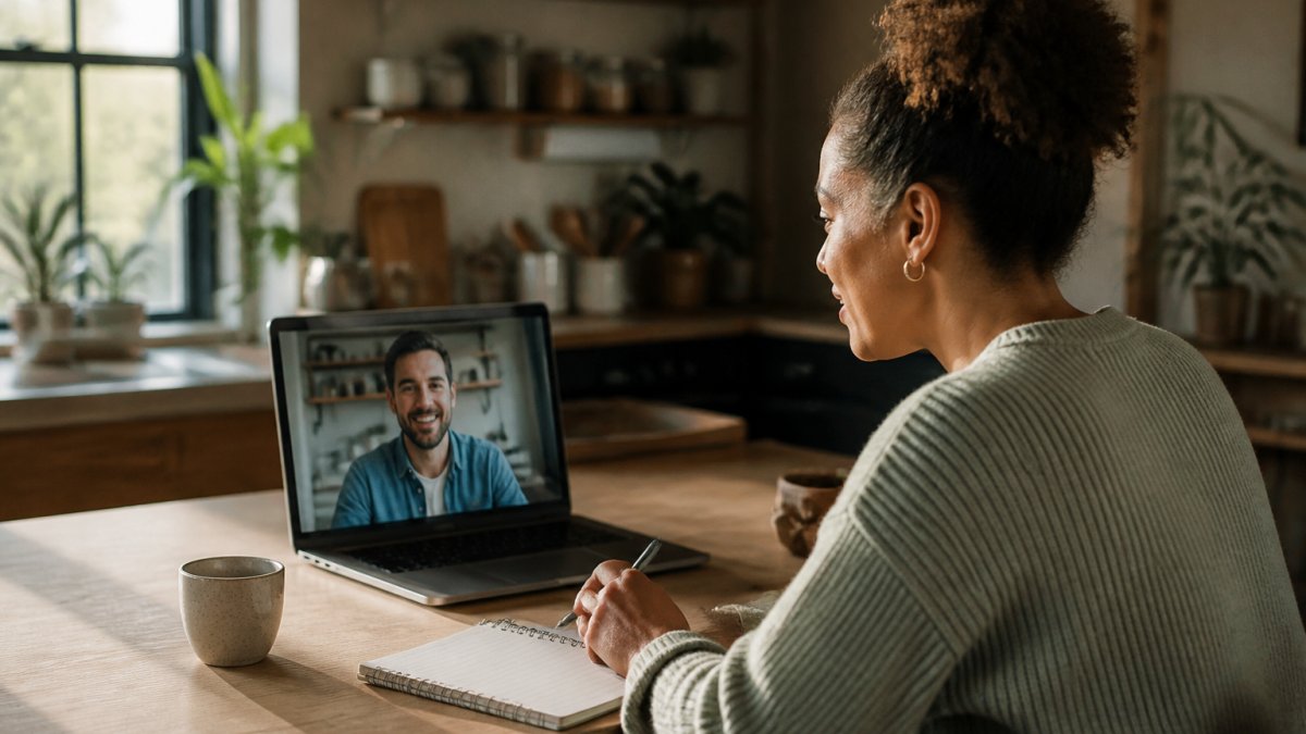 Manager on a video call in a home office, fostering psychological safety during a one-to-one meeting