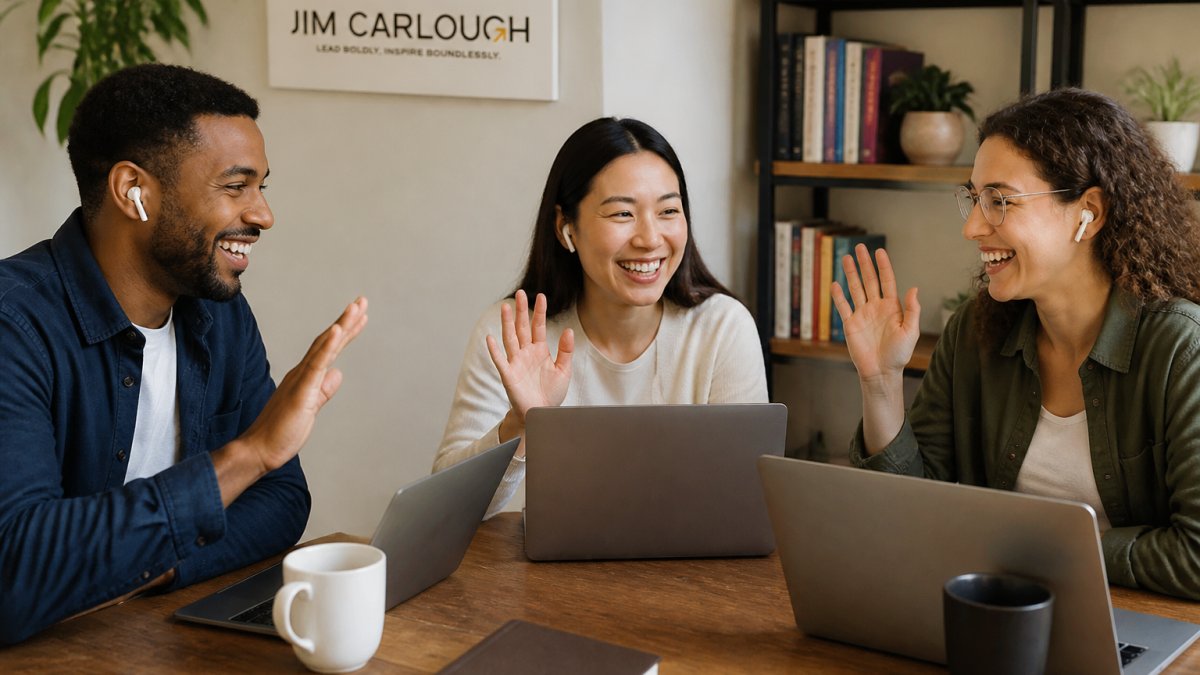 Diverse team members on a video call, smiling and engaged, with laptops and coffee cups visible, showing active participation and connection