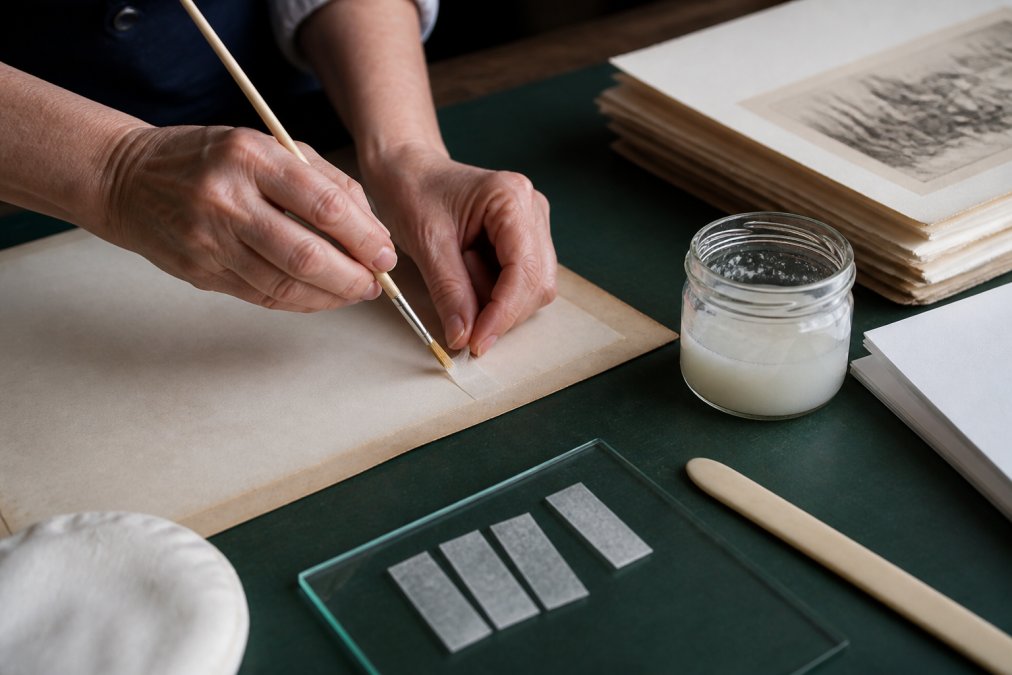 Close-up of hands carefully applying Japanese paper hinges to the back of an antique print using wheat starch paste, demonstrating proper hinging technique on archival materials