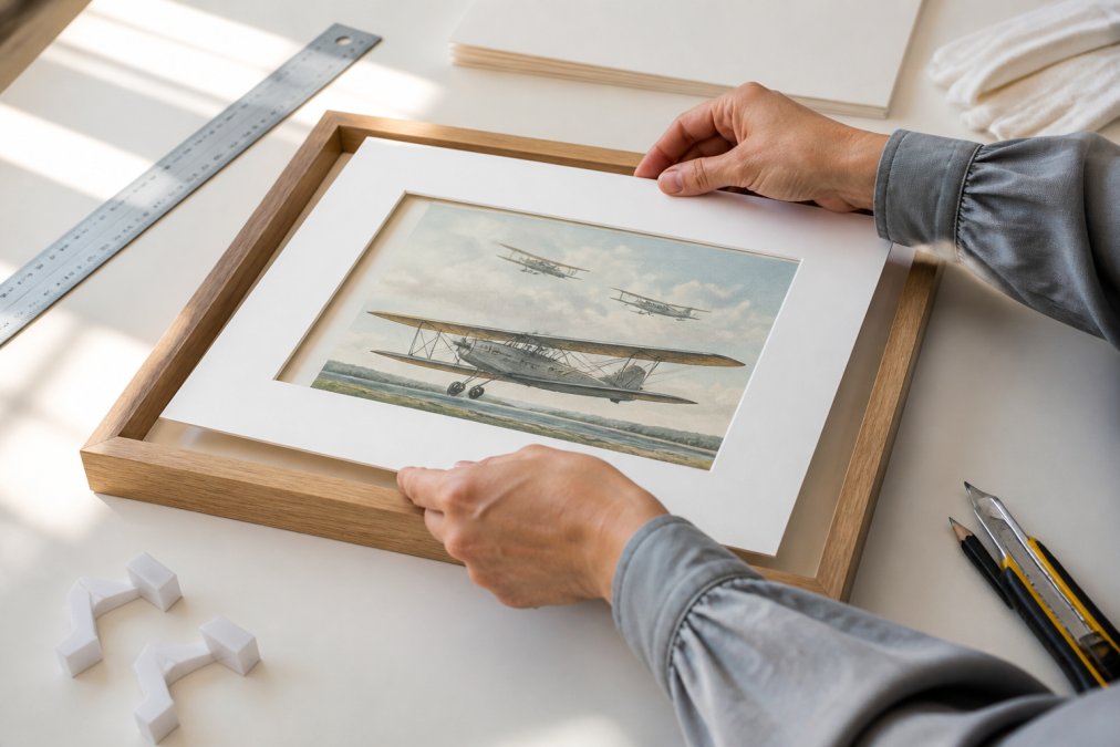 Hands carefully positioning a fine art print into a wooden frame with a white acid-free mat, on a clean light-colored work surface with framing tools including a ruler and mounting corners arranged nearby, in bright natural light